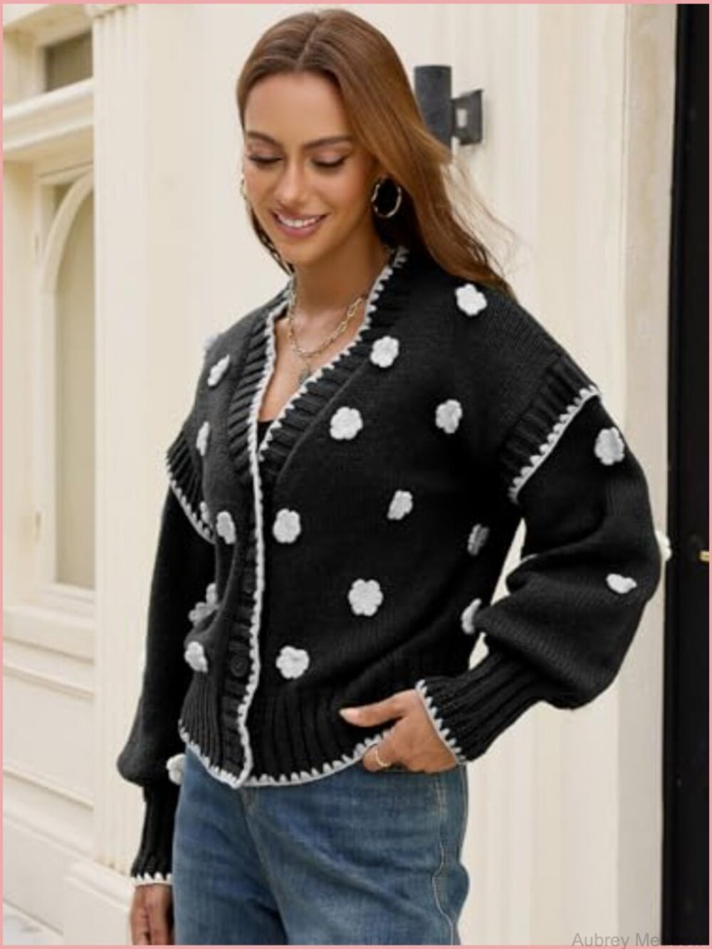 Chunky Knit Drop Shoulder V Neck Button Down Embroidered Flower Cardigan Tops - Picture 6 of 7